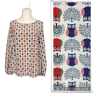 Vintage Owl Print Blouse Size S Maude Red Blue White Split Back Academia USA